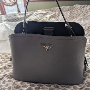 Prada Double Dark Gray Large Leather Shoulder Bag